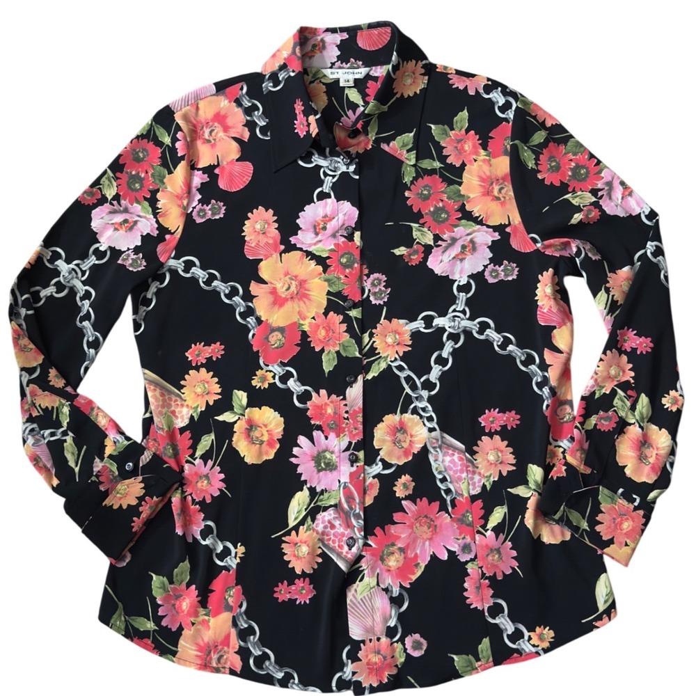 St John Boho Cottagecore Fairy Button Down Blouse Black Orange Size 14 EE06
